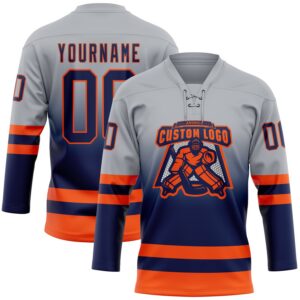 Custom Gray Navy-Orange Fade Fashion Hockey Lace Neck Jersey