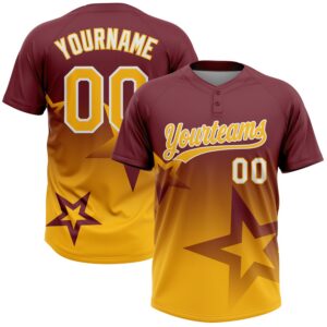 Custom Burgundy Gold-White Gradient Style Twinkle Star Two-Button Unisex Softball Jersey