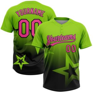 Custom Neon Green Pink-Black Gradient Style Twinkle Star Two-Button Unisex Softball Jersey
