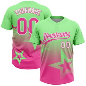 Custom Pea Green Pink-White Gradient Style Twinkle Star Two-Button Unisex Softball Jersey